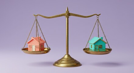 Balancing the scales of justice with two colorful miniature houses representing real estate choices