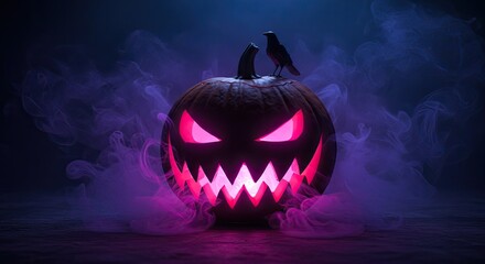 Spooky jack o lantern with glowing pink eyes and teeth surrounded by fog