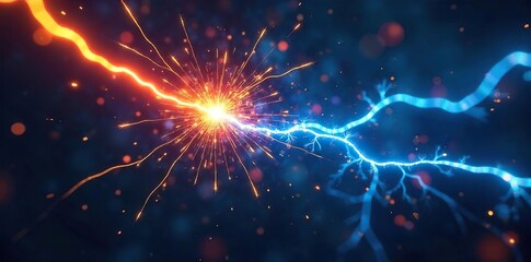 Close-up of sparking electrical wires, vibrant blue arcs flashing, intense energy, a chaotic display of raw power , texture, danger, wires