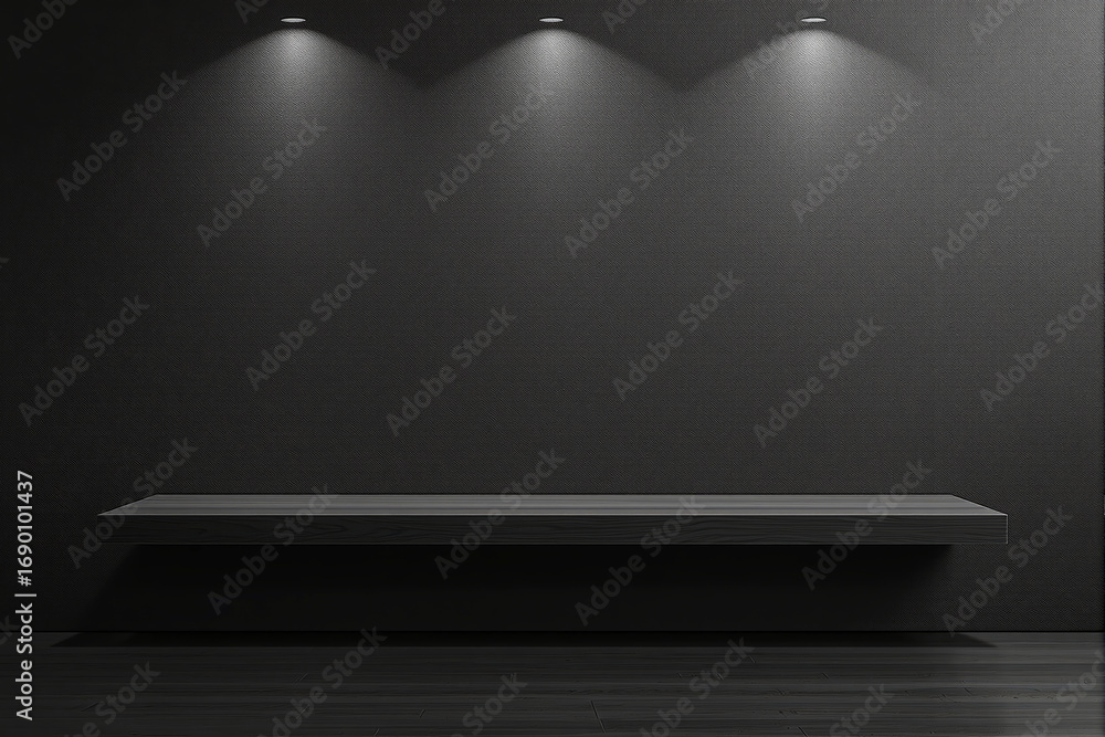 Poster minimalist floating shelf with spotlights on dark textured wall and wooden floor in modern interior 