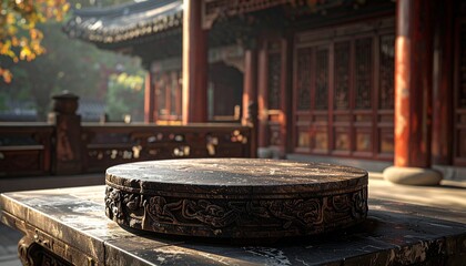 Tranquil Asian Temple Scene with Detailed Stone Table