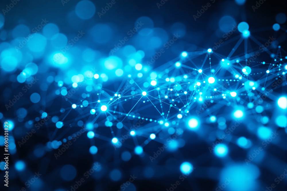 Poster glowing blue digital network connections with light nodes and lines on a blurred abstract background