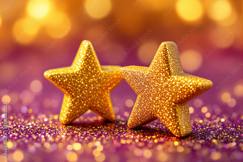 Poster two glittering golden stars on a sparkling surface with bokeh lights in warm tones creating a festiv
