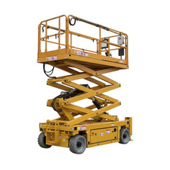 Yellow scissor lift extended platform isolated on transparent background