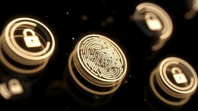 floating icons representing two-factor authentication, password protection, and biometric ID