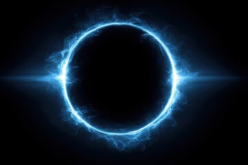 Vibrant photo of glowing blue circle on a black background, with energy waves around the edge of the circle, creating an otherworldly effect. the light is soft and diffused.