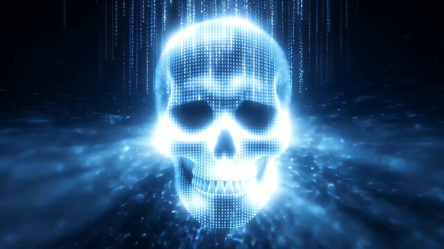 binary horror theme, glowing skull formed from binary digits floating above breached firewall