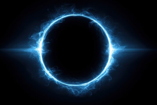 Vibrant photo of glowing blue circle on a black background, with energy waves around the edge of the circle, creating an otherworldly effect. the light is soft and diffused.
