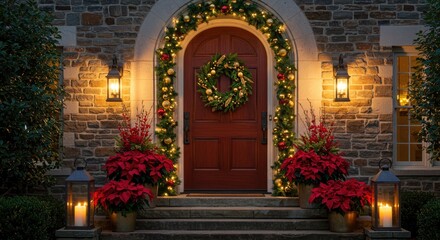 Festive christmas decorated doorway with wreath and poinsettias illuminated by warm lights