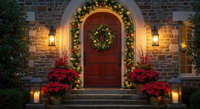 Festive christmas decorated doorway with wreath and poinsettias illuminated by warm lights