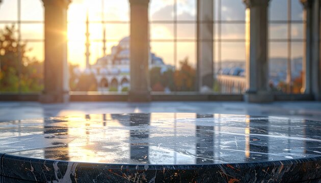 Sunrise mosque view through marbled colonnade