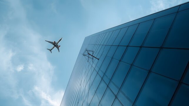 Dramatic perspective view of airplane flying above modern glass skyscraper against blue sky, urban cityscape architecture concept showing travel, business, and futuristic metropolitan lifestyle