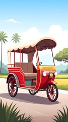 A classic red rickshaw drives along a road next to a field