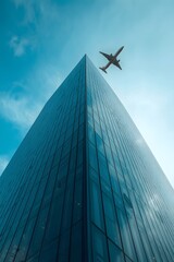 Fototapeta premium Dramatic perspective view of airplane flying above modern glass skyscraper against blue sky, urban cityscape architecture concept showing travel, business, and futuristic metropolitan lifestyle