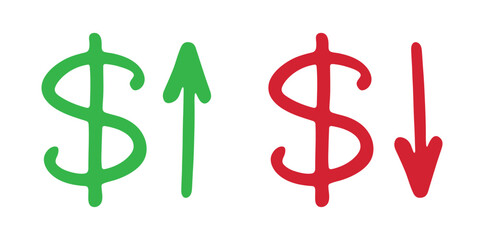 Hand drawn dollar currency symbol Growth and fall profit with arrow up and down Brush stroke doodle Element for design
