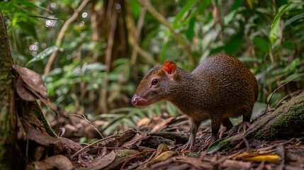 Obraz premium Agouti in the rainforest undergrowth, a rodent native to central and south america, foraging for food