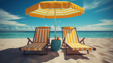 Obraz premium Tropical beach scene with two striped deck yellow chairs, under a yellow umbrella on white sand beach, turquoise ocean in background