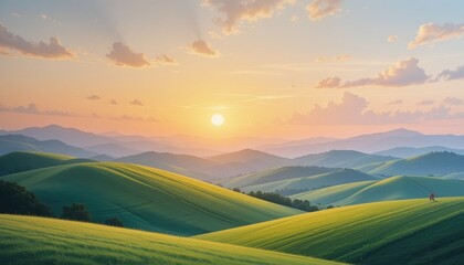 "A serene wall painting background of rolling green hills under a golden sunrise, soft clouds drifting across a pastel sky."
