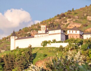 A blurred monastery on a hillside under a spring sky
