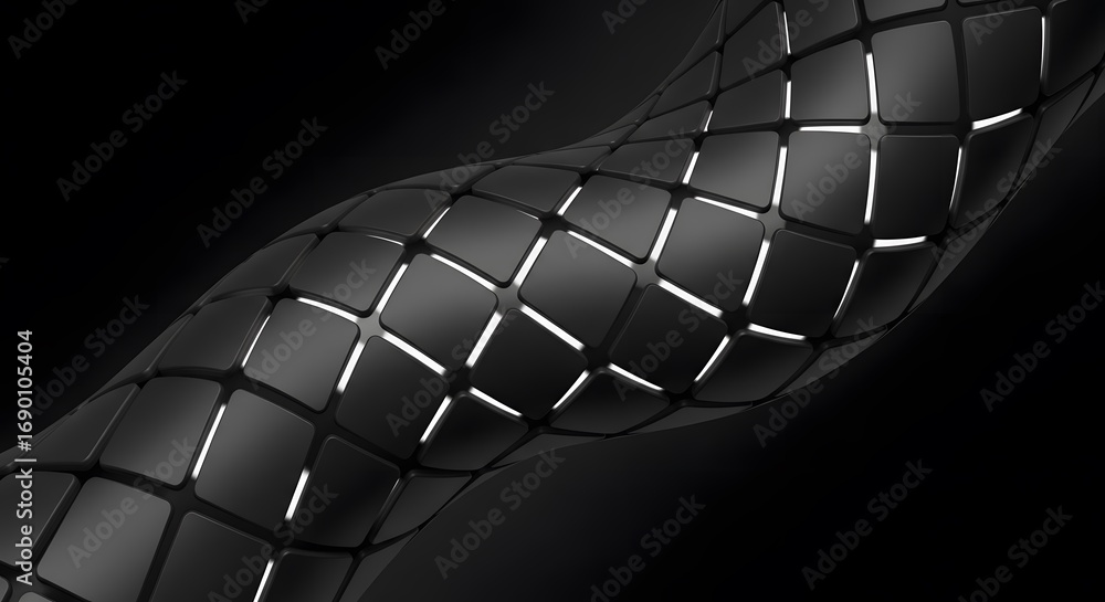 Poster abstract dark futuristic wavy surface with glowing white lines between square segments, dark backgro