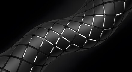 Abstract dark futuristic wavy surface with glowing white lines between square segments, dark background
