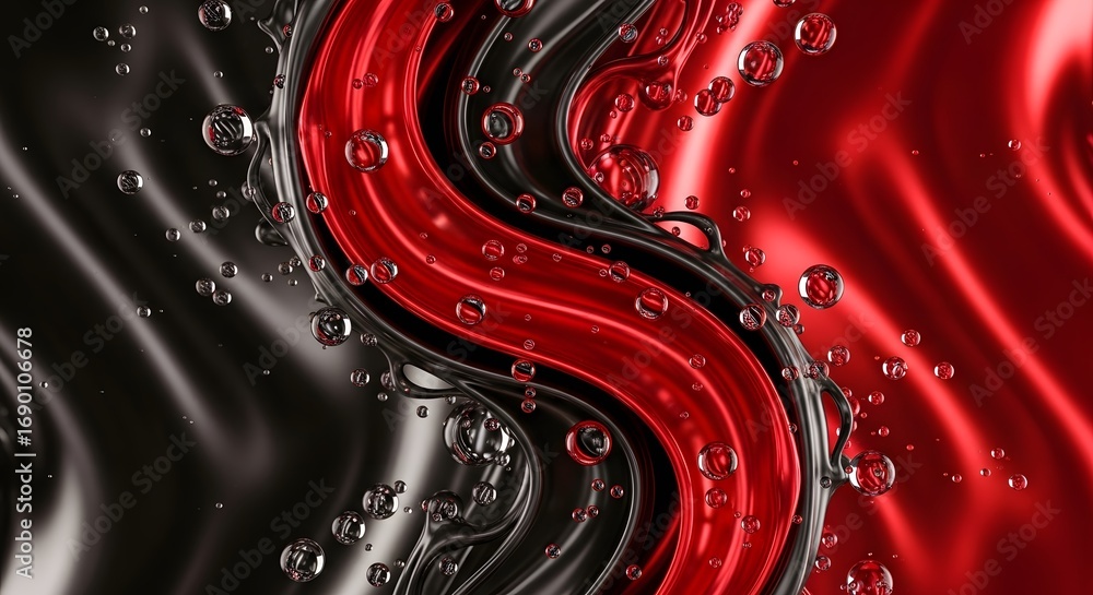 Poster abstract wavy liquid surface with bubbles, contrasting red and black metallic colors, creating a dyn