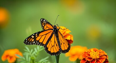 Obraz premium Monarch Butterfly on Orange Marigold, Soft Green Bokeh Background