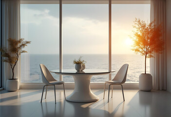 Modern Coastal Dining Room with Ocean View at Sunset