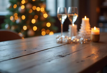 Cozy Christmas Table Setting with Sparkling Lights and Wine