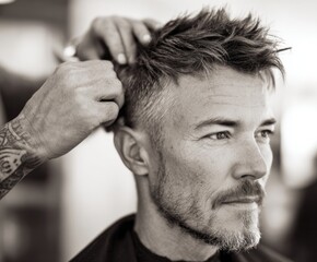 Obraz premium Close-up black and white image of a man receiving a haircut, highlighting the skilled hands of the barber meticulously styling the hair.
