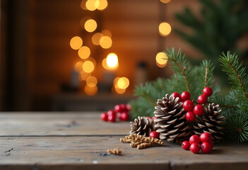 Rustic Christmas Decor Pinecones, Berries, and Festive Lights