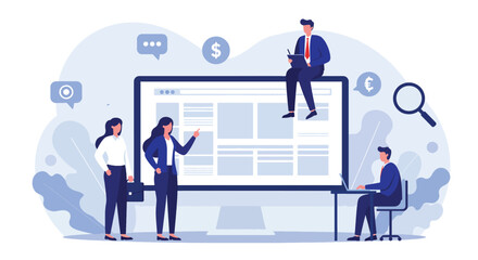 Obraz premium Business Team Collaborating Around Large Computer Screen.