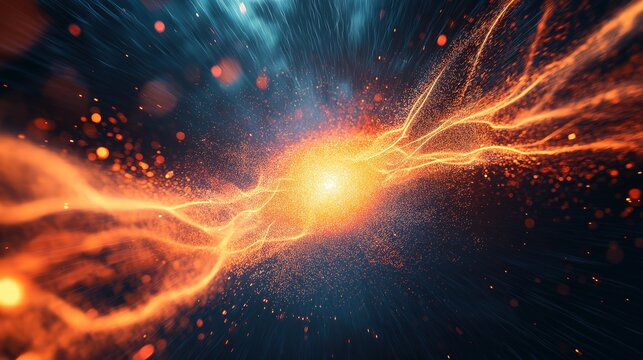 A single, glowing primordial cell dividing rapidly in a dark aquatic environment with vibrant energy trails.