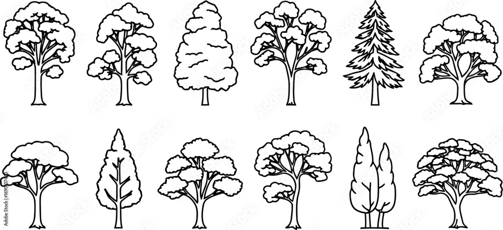 Poster vector vector art of collection of different tree outlines transparent background