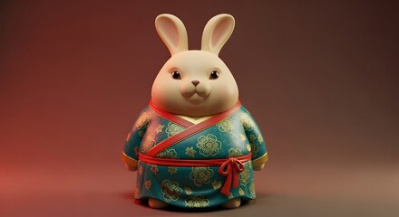 A cute rabbit figurine in traditional chinese clothing, symbolizing the year of the rabbit, set against a warm, inviting backdrop, perfect for lunar new year