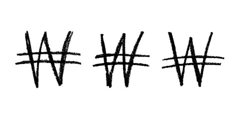 Set of hand drawn won currency symbol. Brush stroke doodle. Single element for design