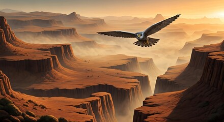 Majestic Falcon Soaring Over Misty Canyon Landscape