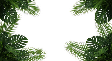 Tropical green leaves and palm fronds forming a decorative border, isolated on transparent background