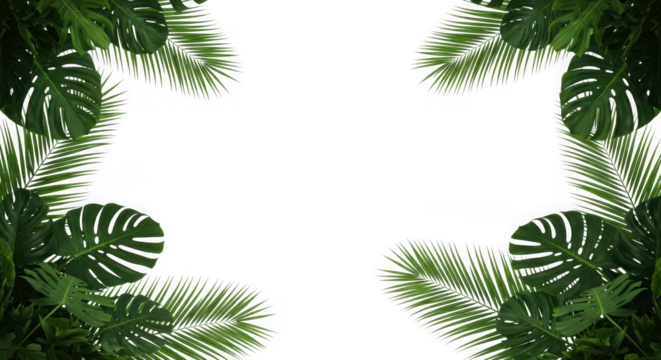 Tropical green leaves and palm fronds forming a decorative border, isolated on transparent background - Powered by Adobe