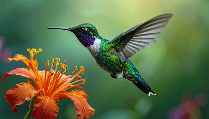 Fototapeta premium Vibrant hummingbird hovering near orange flower in garden