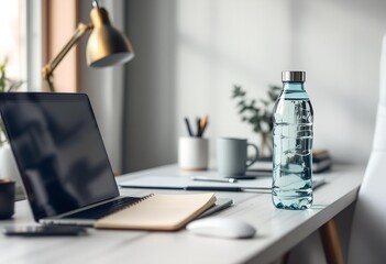 Naklejka premium Hydration at the Home Office: Water Bottle on Desk