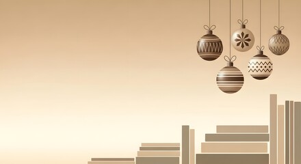 A sepiatoned composition featuring hanging christmas ornaments above a geometric staircase, creating a vintage holiday aesthetic with ample copy space