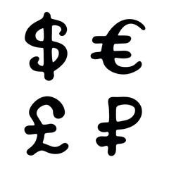 Hand drawn multiple currencies symbol set Dollar euro pound ruble