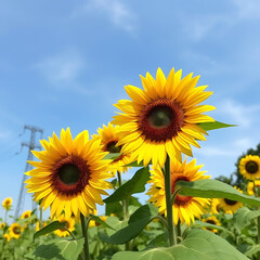 Fototapeta premium Vibrant yellow sunflowers blossom under a bright blue sky in a beautiful summer field