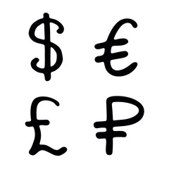 Hand drawn multiple currencies symbol set Dollar euro pound ruble
