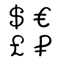 Obraz premium Hand drawn multiple currencies symbol set Dollar euro pound ruble