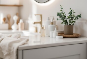 Serene Bathroom Counter with Natural Skincare and Eucalyptus