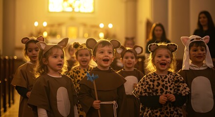 Children in animal costumes singing in a church, illuminated by warm light, joyful expressions.