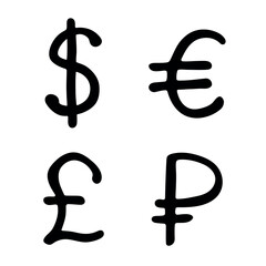 Hand drawn multiple currencies symbol set Dollar euro pound ruble