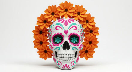 Sugar Skull Adorned With Vibrant Orange Flowers For Day Of The Dead
